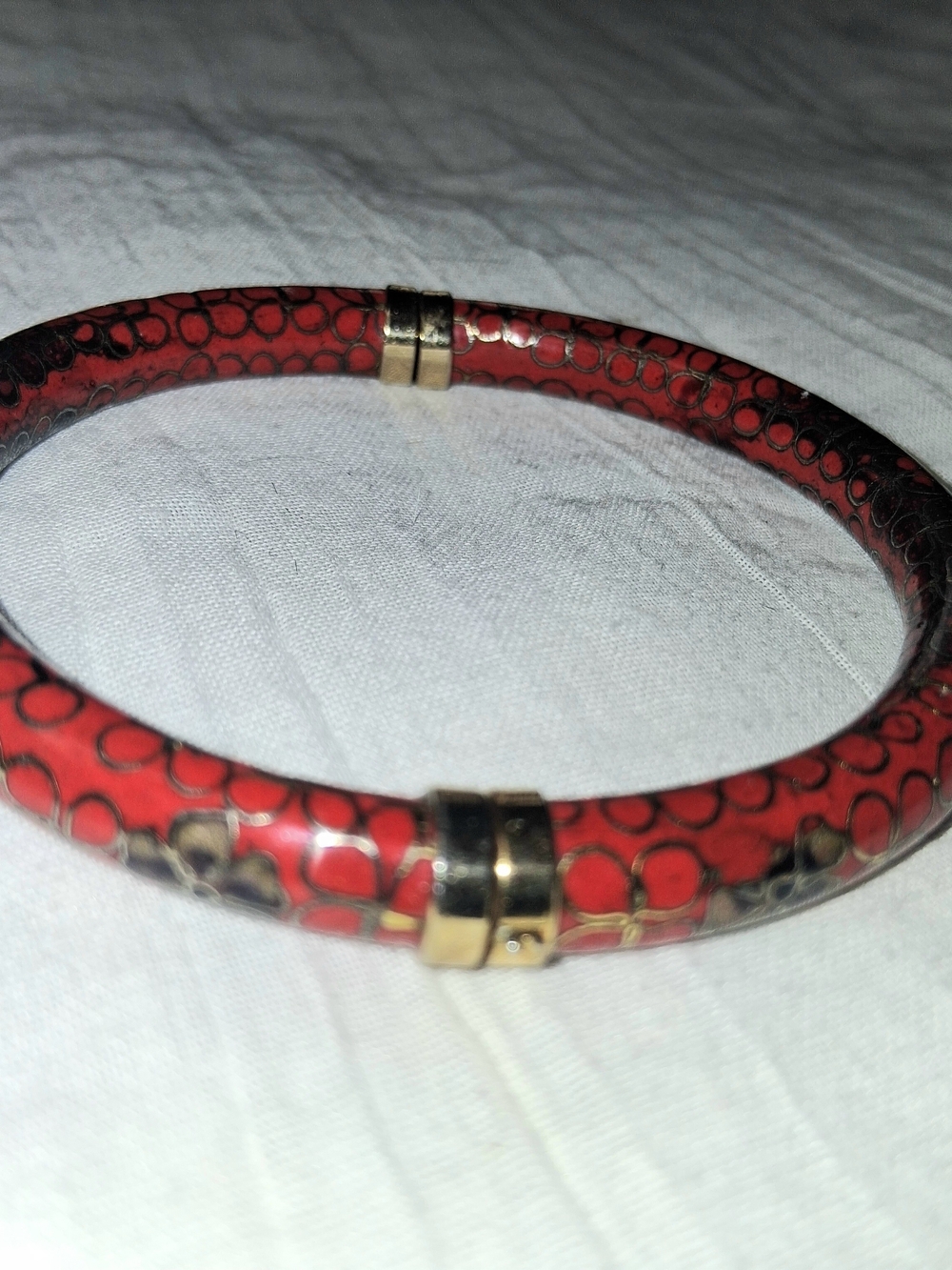 Red Patterned Cloisonne Bangle Bracelet with Gold Accents